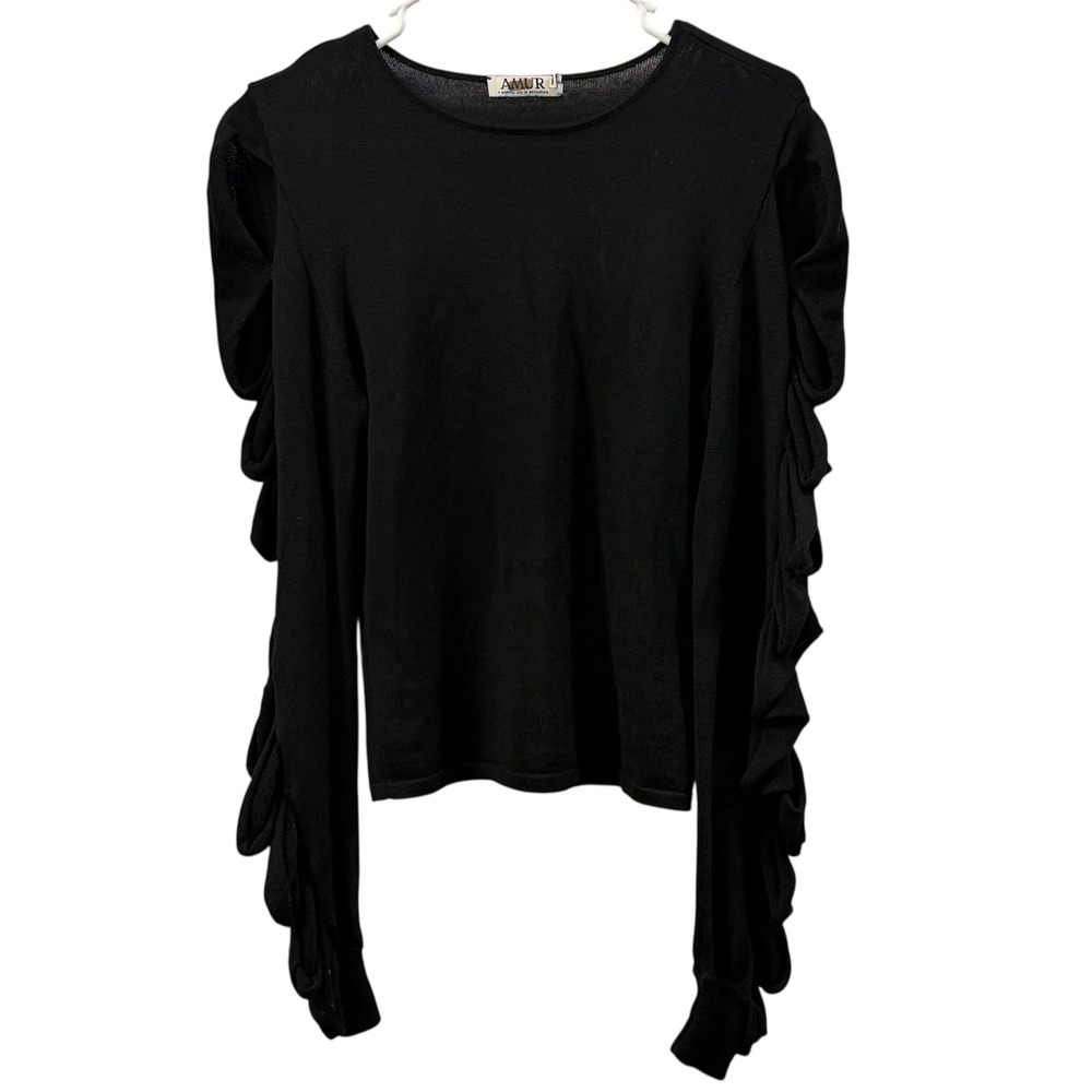 AMUR Black Ruffle Sleeve Long Sleeve Knit Sweater Top Women's Size M‎ Designer